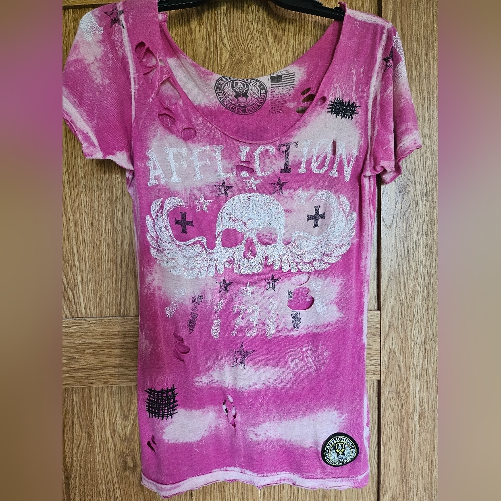 Affliction pink and white distressed with bling tee
